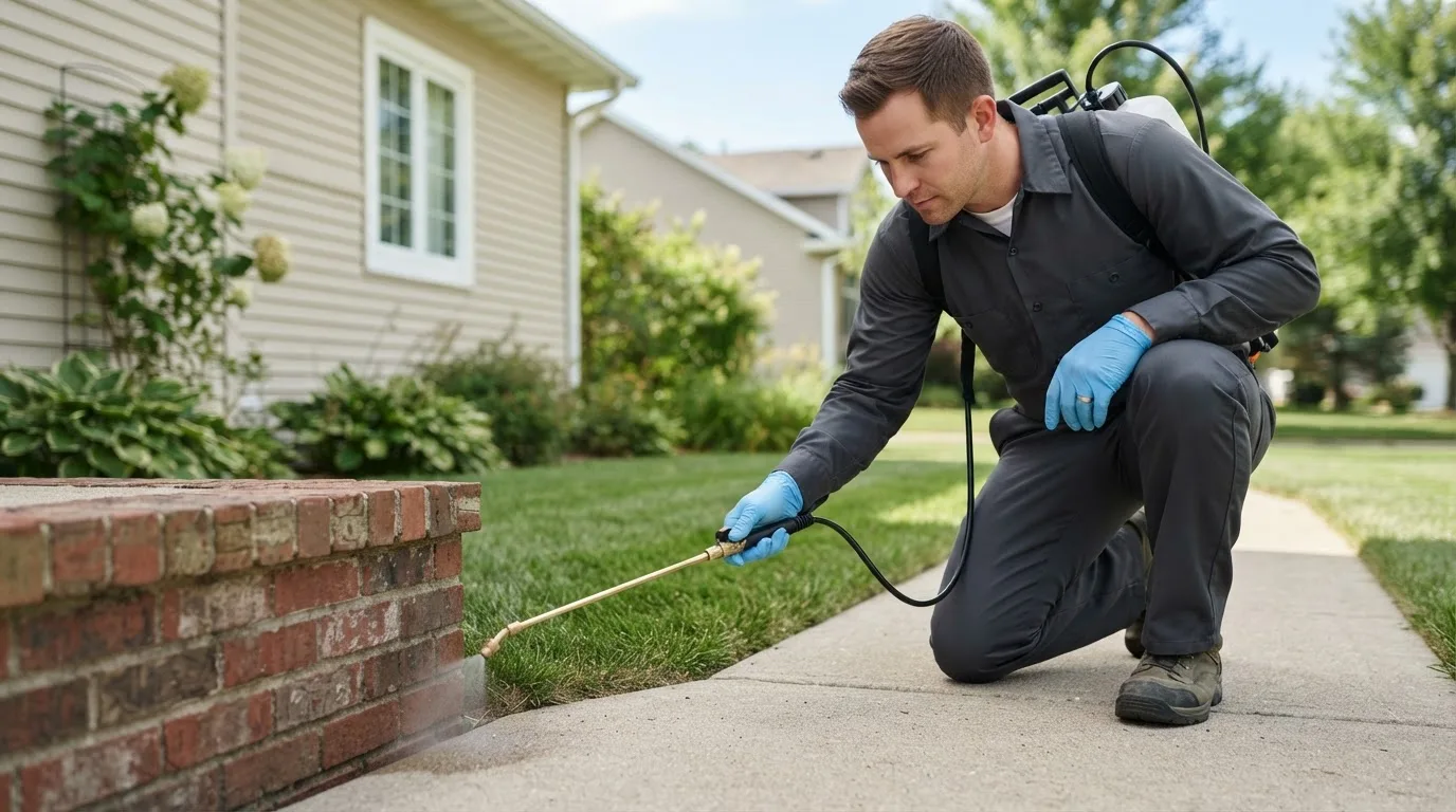 Pest control technician treating a home near Voltaire, ND
