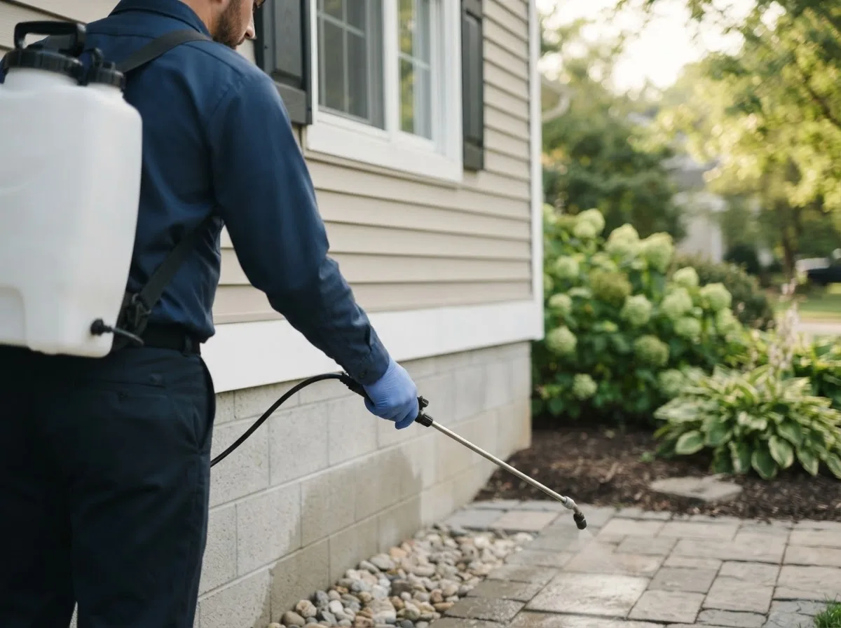 Pest control technician inspecting a home in Voltaire, ND